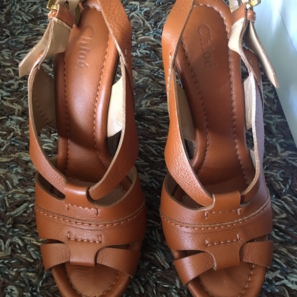 Chloe sling back open toe tan wedges - Picture 3 of 6